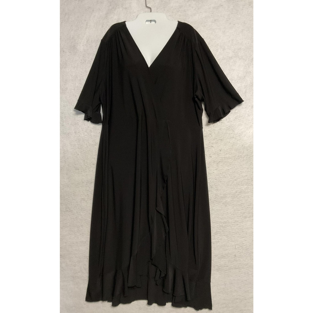 Cato Dress Womens 18/20W Black Wrap Maxi Flutter Sleeve Ruffle Hem Stretch Knit